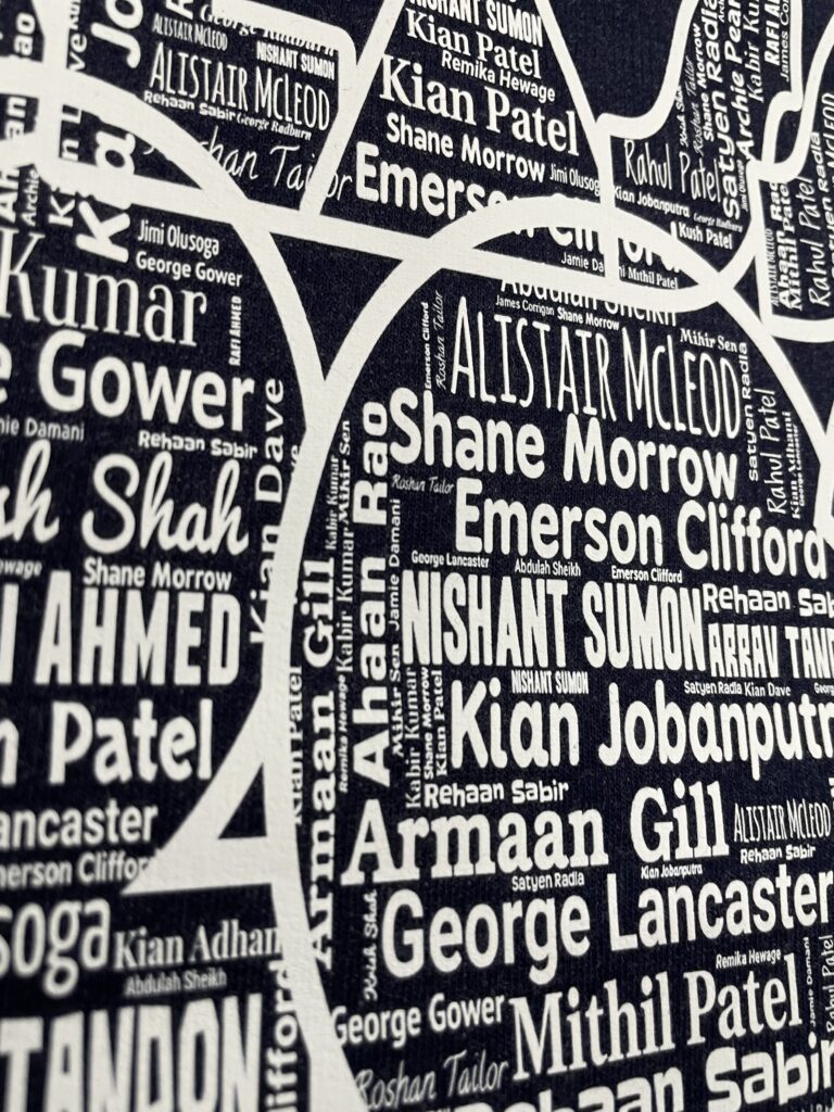 DTF printing on a black board with white text, displaying names.