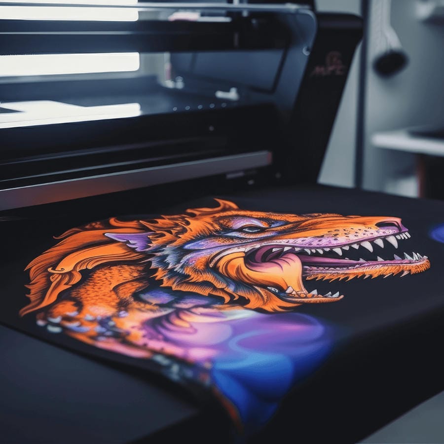 Full-colour DTF design being printed on a garment.